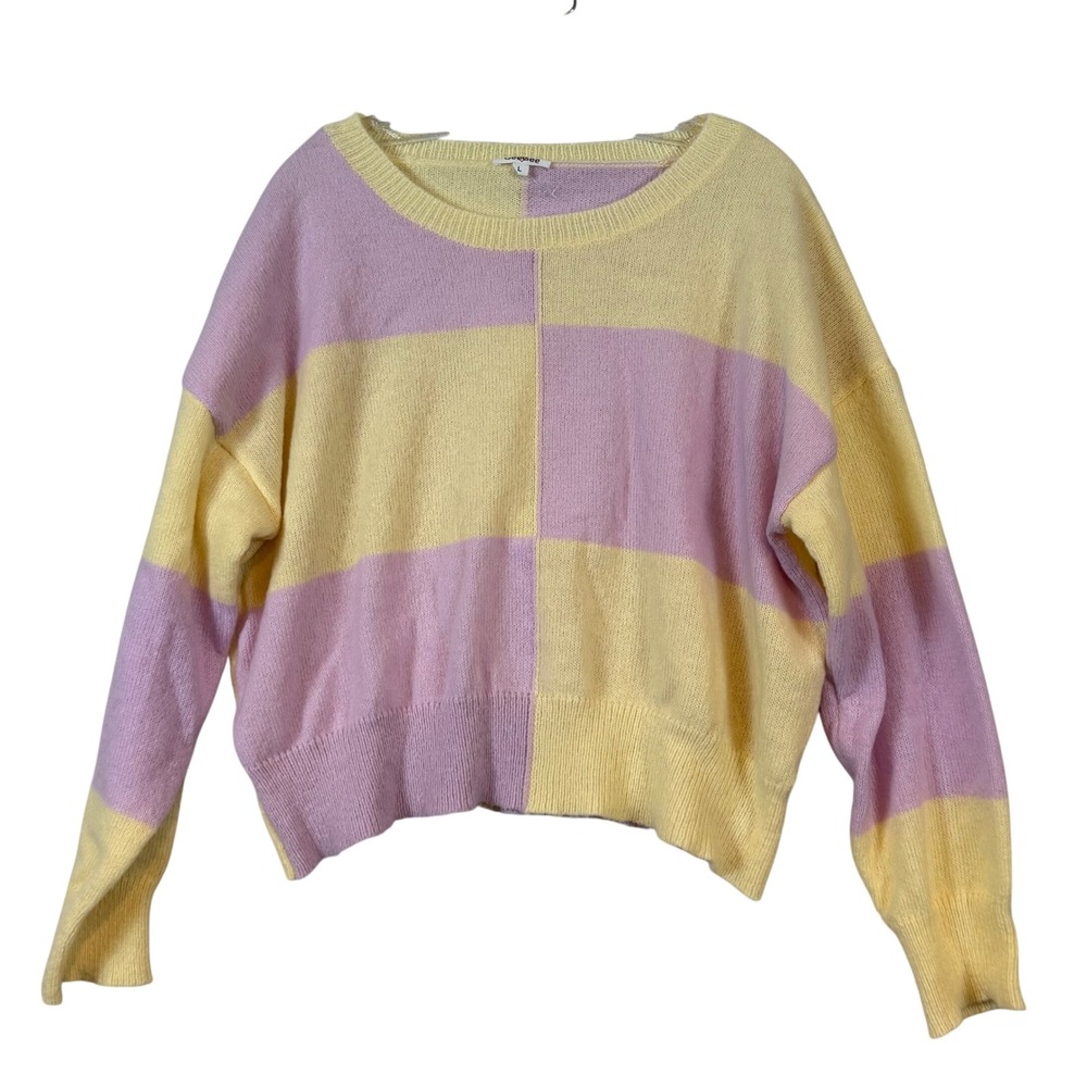 Y2K Womens Pastel Yellow Purple Colorblock Cropped Sweater •L• Fairycore Retro